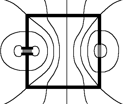 [The two ring-pieces above are now connected with e-field flux lines, as if the two pieces were oppositely-charged capacitor plates]
