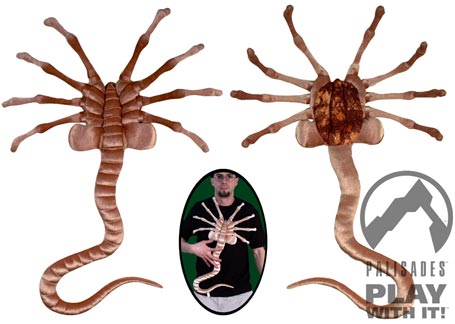 [Facehugger spider-thing from the movie Alien, plush toy grabbed onto guy with black t-shirt]
