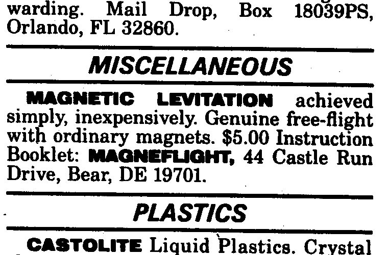 Popular Science Classified Ad for the "Magneflight" Levitron