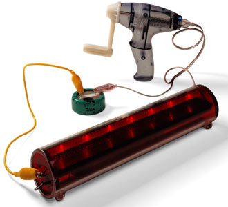 [JPEG of 'visual electricity' device, LEDs in a plastic pipe, hand-crank generator]