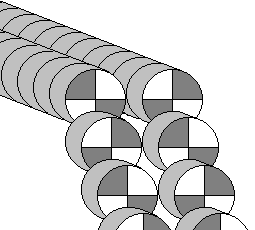 Two rows of stacked disks approach from the left, then at one spot they suddenly move downards together while counterrotating